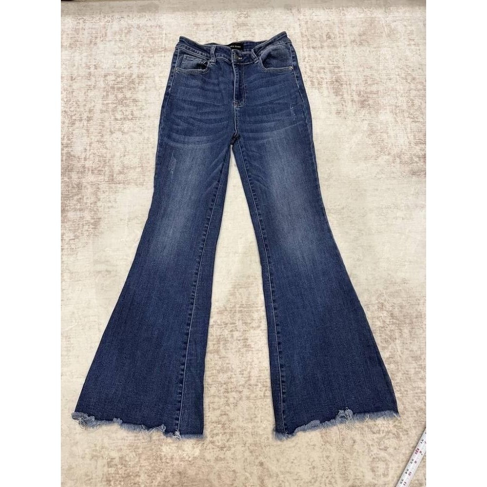 Risen Jeans High Rise Flare Jeans Frayed Raw Hem Medium Dark Wash 9/29